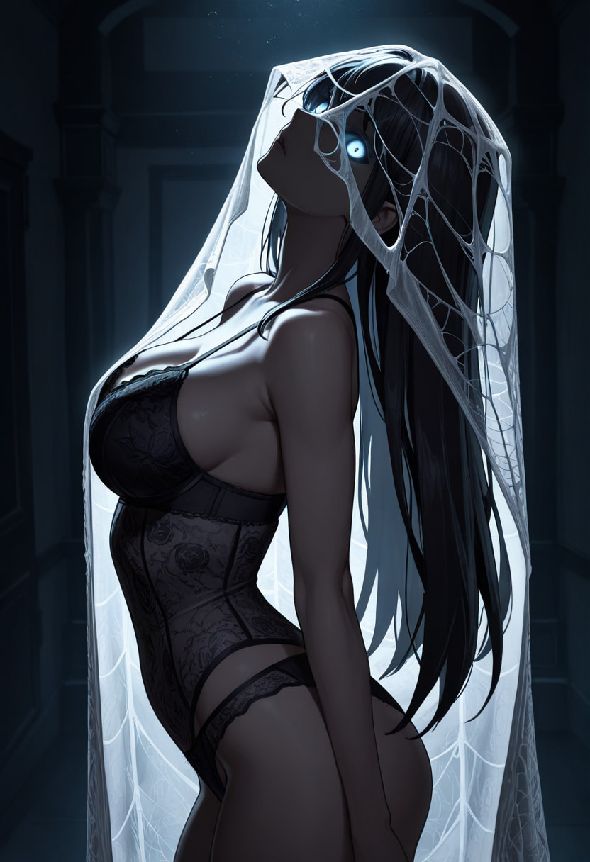 Illustrious Mysterious girl in lingerie, anime AI art, glowing eyes, cobwebs, dramatic pose.